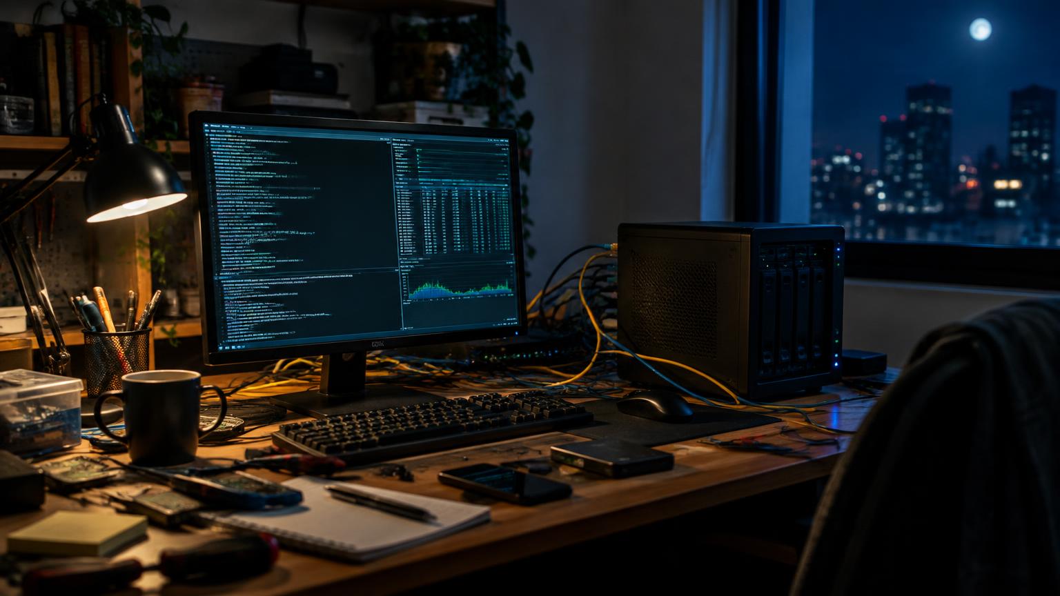 Cluttered DIY desk at night with a terminal screen, cables, and a small server