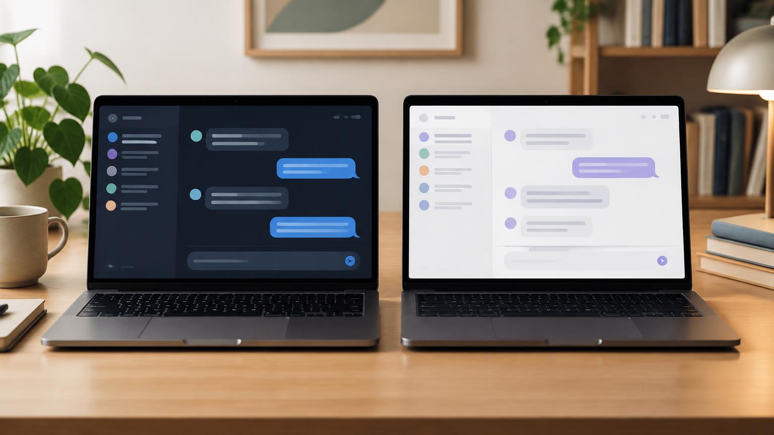 Two laptops side by side showing different chat interfaces