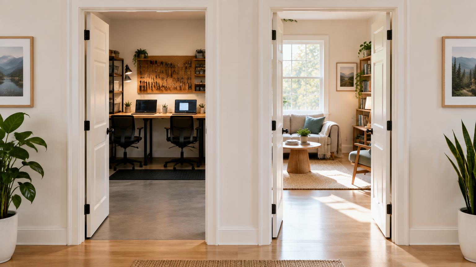 Two open doors side by side, one leading to a workshop room with laptops