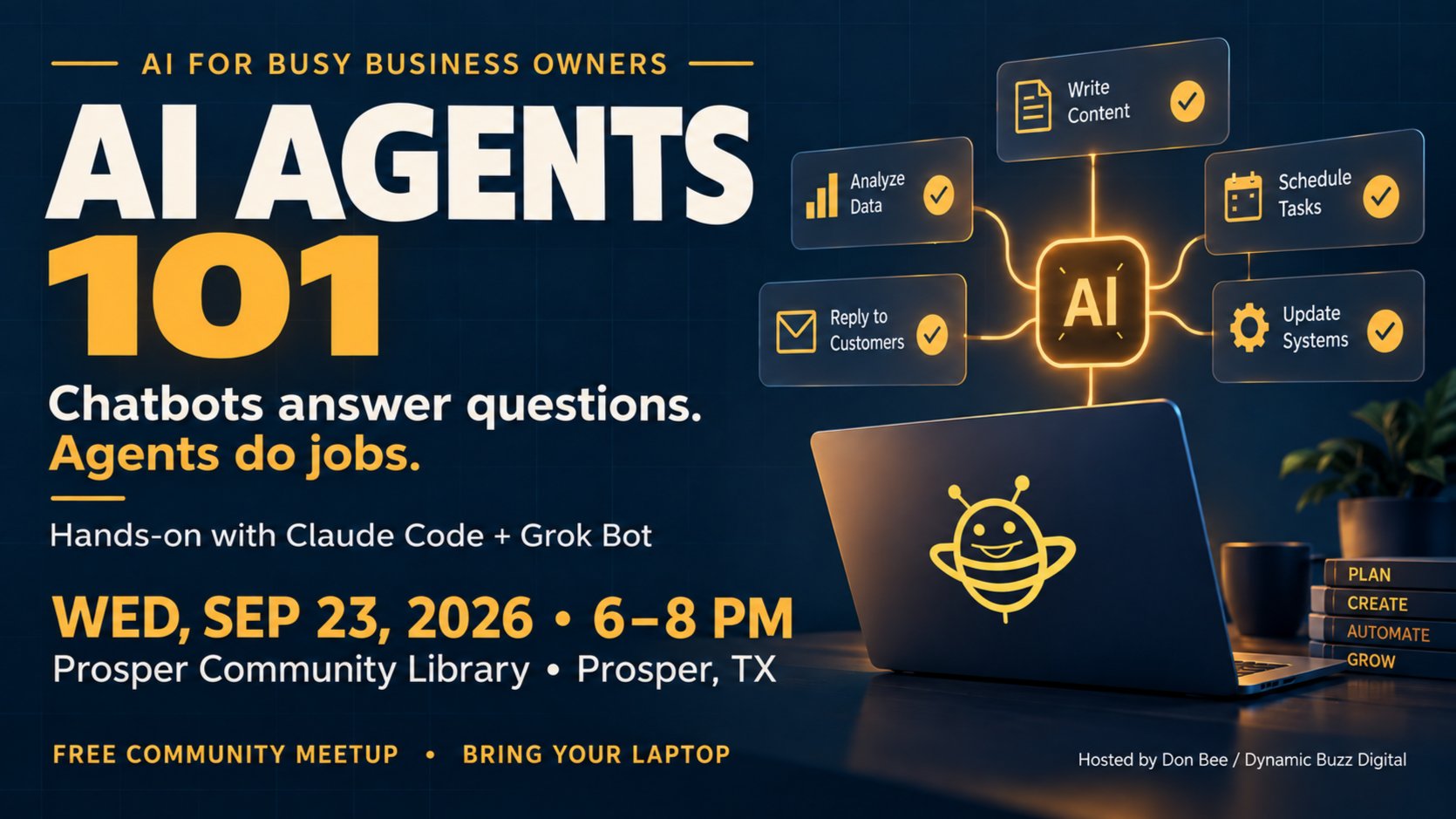 AI Agents 101 free community meetup cover: Wednesday, Sep 23, 2026, 6 to 8 PM at Prosper Community Library